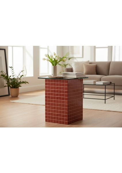 El Yapımı Kırmızı Mozaik Kaplamalı Cam Üst Sehpa – Modern & Şık Yan Sehpa Tasarımı (26 x 45)