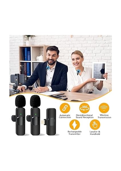 Kablosuz Yaka Yaka Mikrofon iPhone iPad Profesyonel Klip Mikrofon - Kablosuz Yönlü Kondenser Kayıt 2 Mikrofon Röportaj Video Podcast Vlog Youtube fiyatları