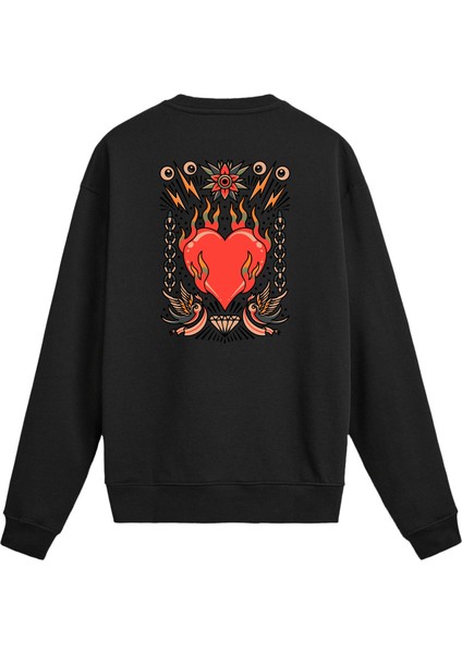 Sırt Baskılı Alevli Kalp ve Kırlangıç Tasarımlı Sweatshirt