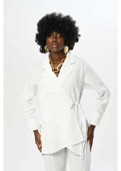 Kadın Yandan Bağlamalı Beyaz Gömlek fiyatları