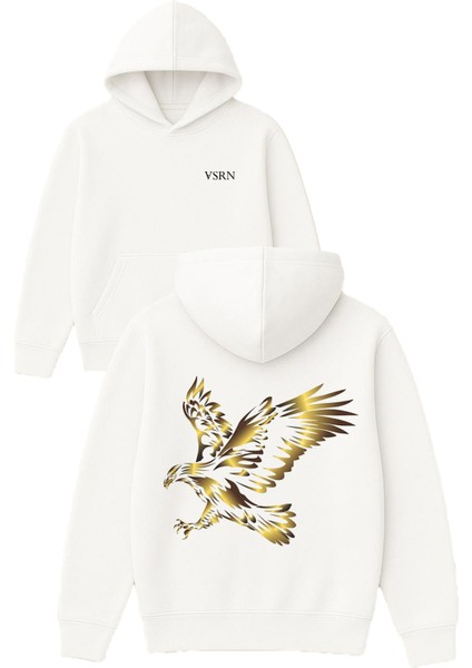 Altın Şahin Kuş Tasarım Baskılı Oversize Beyaz Kapüşonlu Sweatshirt