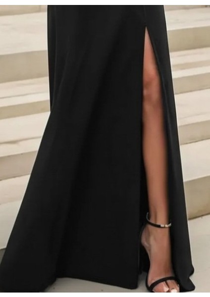 Kadın Uzun Kollu Madonna Yakalı Yırtmaç Detaylı Uzun Ithal Krep Elbise modelleri