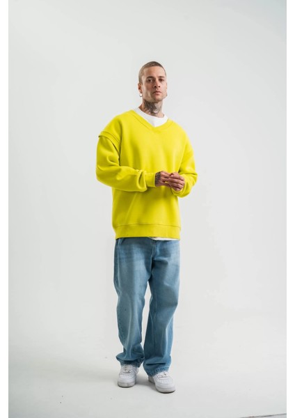 Geniş V Yaka Kol Ribana Detaylı Sweatshirt - Sarı