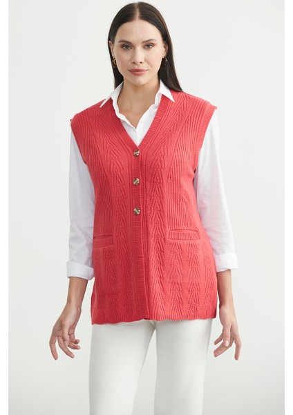 Cepli Düğmeli Triko Yelek - Gül