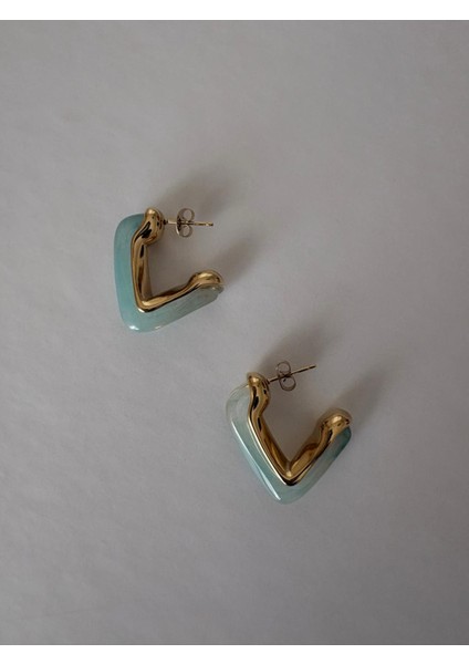 Mint Yeşili Mineli Üçgen Model Gold Çelik Küpe fırsatları