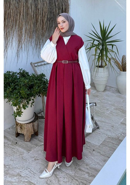 Pile Detaylı Kemerli Jile Bordo