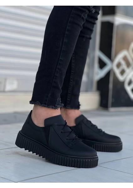 KB-X502 Kuback Siyah Cilt Yüksek Siyah Taban Bağcık Detaylı Lastikli Günlük Erkek Ayakkabı