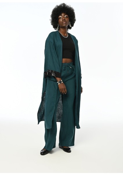 Kolları Payet Işlemeli %100 Keten Petrol Renk Uzun Kimono Ceket modelleri