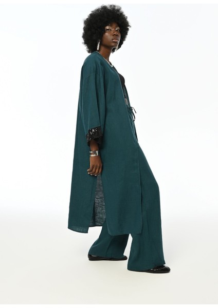Kolları Payet Işlemeli %100 Keten Petrol Renk Uzun Kimono Ceket fırsatları
