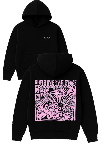 Chasing The Stoke Tasarım Baskılı Oversize Siyah Kapüşonlu Sweatshirt