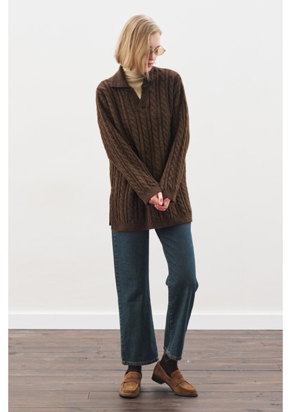 Yakalı Saç Örgü Kazak Kahverengi