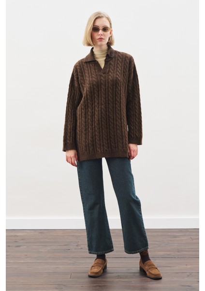 Yakalı Saç Örgü Kazak Kahverengi indirimleri