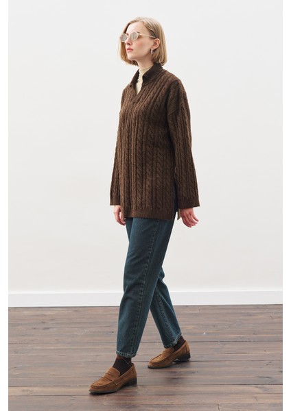 Yakalı Saç Örgü Kazak Kahverengi