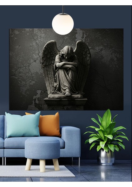 Melek Heykeli Siyah Kanat Dekoratif Kanvas - Mdf Ahşap Tablo