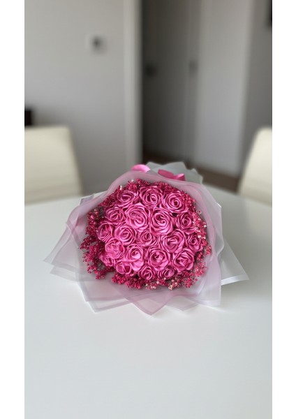20'li Koyu Pembe Cipsolu Solmayan Saten Gül Buketi, Sevgiliye, Anneye Hediye
