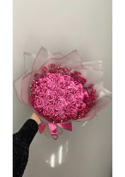 20'li Koyu Pembe Cipsolu Solmayan Saten Gül Buketi, Sevgiliye, Anneye Hediye modelleri