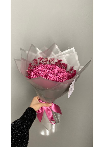 20'li Koyu Pembe Cipsolu Solmayan Saten Gül Buketi, Sevgiliye, Anneye Hediye
