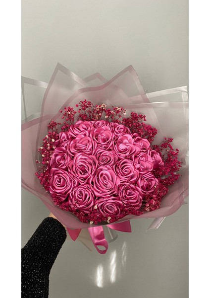 20'li Koyu Pembe Cipsolu Solmayan Saten Gül Buketi, Sevgiliye, Anneye Hediye