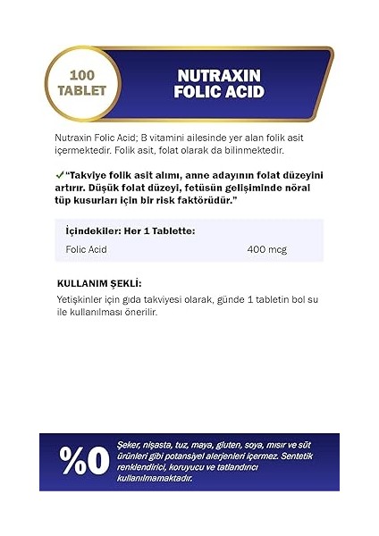 Vitals Folic Acid 400 Mcg 100 Tablet Takviye Edici Gıda modelleri