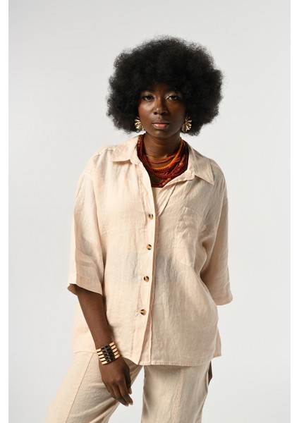 Kadın %100 Keten Truvakar Kollu Düz Renk Tek Cepli Gömlek fiyatları