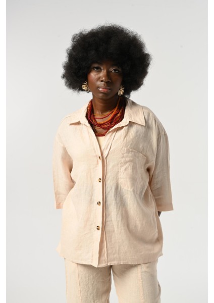 Kadın %100 Keten Truvakar Kollu Düz Renk Tek Cepli Gömlek modelleri