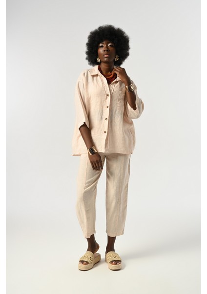 Kadın %100 Keten Truvakar Kollu Düz Renk Tek Cepli Gömlek fırsatları