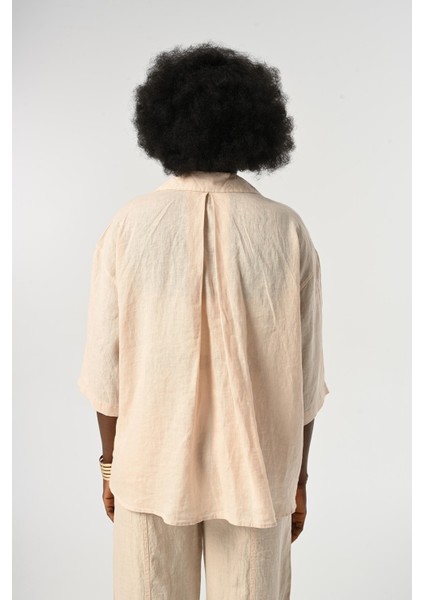 Kadın %100 Keten Truvakar Kollu Düz Renk Tek Cepli Gömlek indirimleri