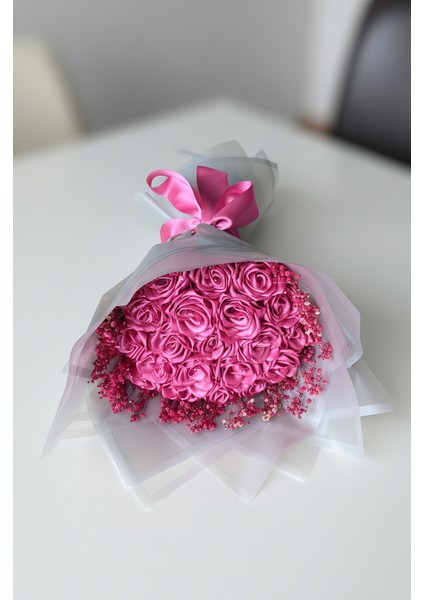 20'li Koyu Pembe Cipsolu Solmayan Saten Gül Buketi, Sevgiliye, Anneye Hediye