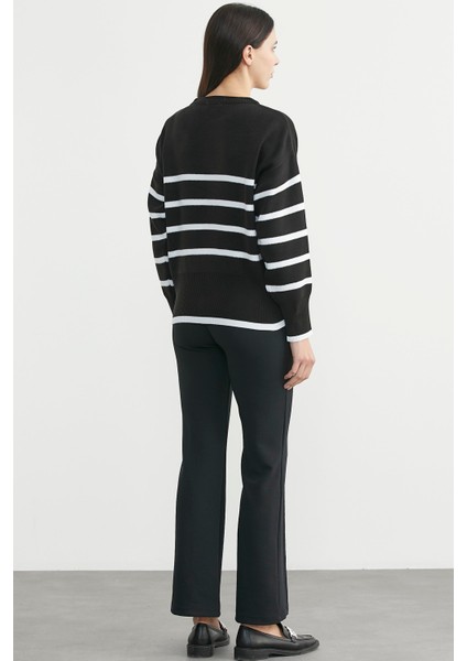 Oversize Çizgi Detaylı Triko Kazak - Siyah indirimleri
