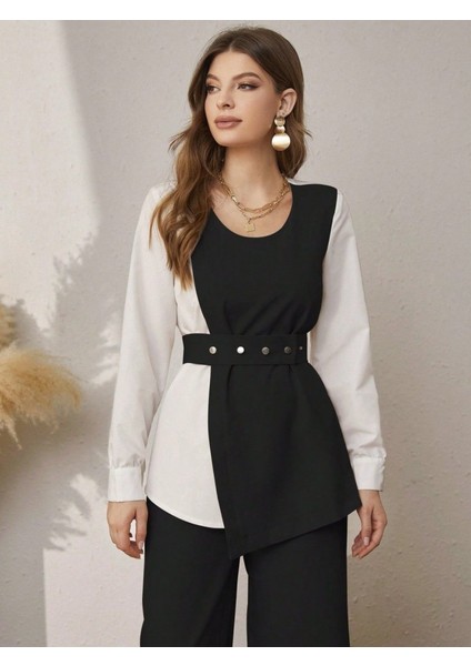 Kadın Uzun Kollu Açık Yakalı Çift Renkli Kemerli Ithal Krep Ikili Takım indirimleri