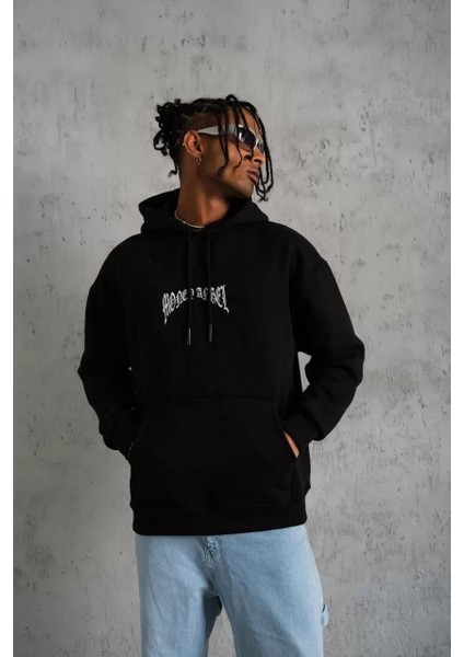 Erkek Kordon Ipli Baskılı Kapüşonlu Sweatshirt - Siyah