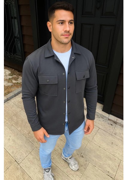 Erkek Diagonal Kumaş Cepli Çıtçıtlı Uzun Kollu, Gömlek Oversize Rahat Kalıp Günlük Şık Stil - Füme