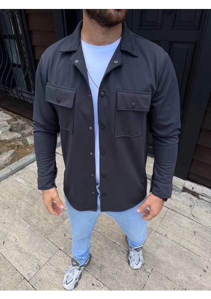 Erkek Diagonal Kumaş Cepli Çıtçıtlı Uzun Kollu, Gömlek Oversize Rahat Kalıp Günlük Şık Stil - Füme fırsatları
