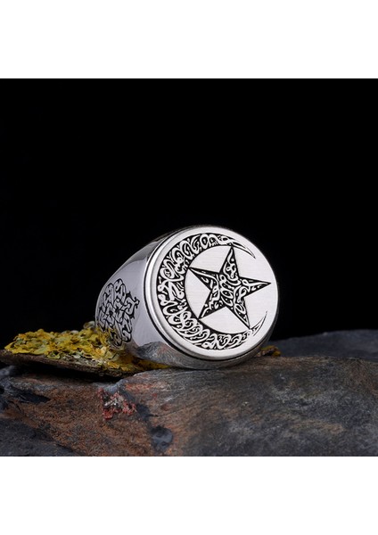 925 Ayar Gümüş Ayyıldız Model Kelime-I Tevhid Yazılı Erkek Yüzük modelleri