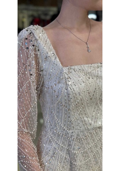 Bej Kare Yaka Uzun Kollu Kloş Etekli Pullu Boncuklu Uzun Abiye Elbise 11047-02 fırsatları