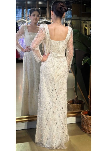 Bej Kare Yaka Uzun Kollu Kloş Etekli Pullu Boncuklu Uzun Abiye Elbise 11047-02 indirimleri