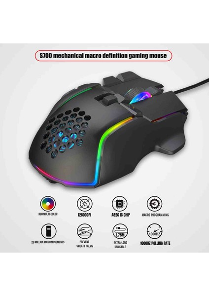 S700 Rgb Gaming Mouse – 9 Tuşlu, 12800 Dpı Ayarlı, Kablolu, Makro Destekli, Ergonomik Oyuncu Mouse
