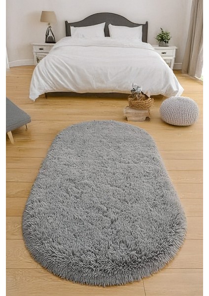 Gri Oval Post Halı Peluş Yumuşak Kaymaz Dot Taban Antibakteriyel Makinada Yıkanabilir Yolluk