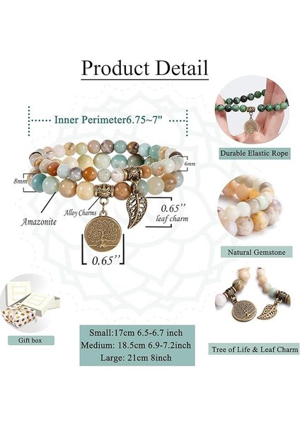 Doğal Amazonit Taşı Bileklik Seti Hayat Ağacı & Yaprak Charm El Yapımı Enerji Dengeleyici