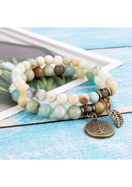 Doğal Amazonit Taşı Bileklik Seti Hayat Ağacı & Yaprak Charm El Yapımı Enerji Dengeleyici modelleri