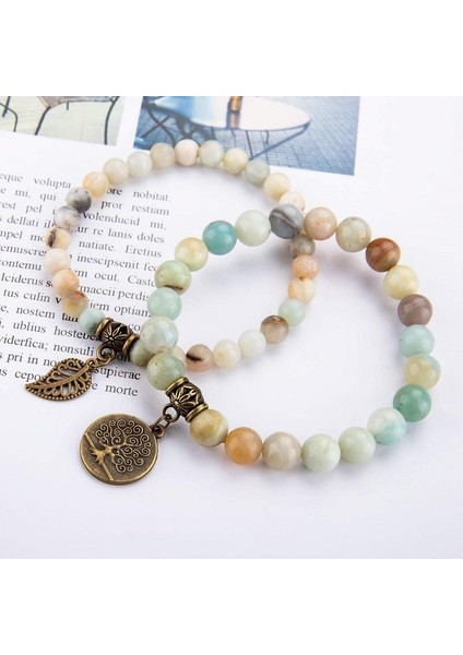 Doğal Amazonit Taşı Bileklik Seti Hayat Ağacı & Yaprak Charm El Yapımı Enerji Dengeleyici indirimleri
