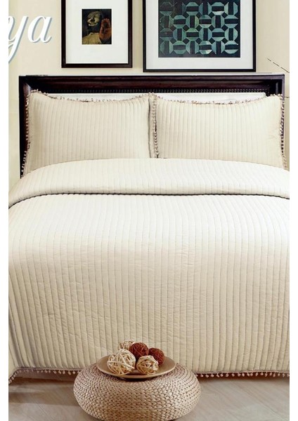 Asya Elyaf Dolgulu Çift Kişilik 240X260 cm Yatak Örtüsü Bej