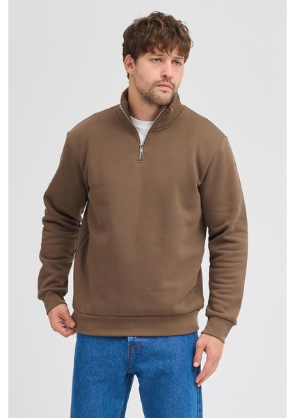 Unisex Regular Fit Rahat Kesim Pamuklu Içi Polarlı Yarım Fermuarlı Kahverengi Dik Yaka Sweatshirt