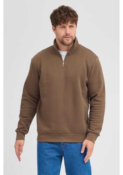 Unisex Regular Fit Rahat Kesim Pamuklu Içi Polarlı Yarım Fermuarlı Kahverengi Dik Yaka Sweatshirt fiyatları