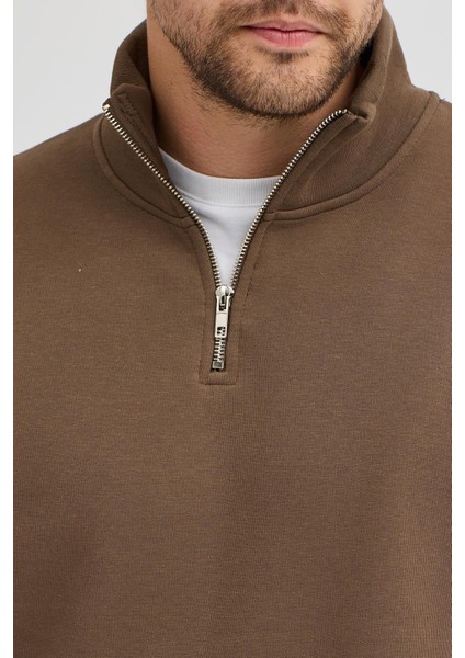 Unisex Regular Fit Rahat Kesim Pamuklu Içi Polarlı Yarım Fermuarlı Kahverengi Dik Yaka Sweatshirt fırsatları