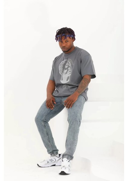 Unisex Oversize Taşlı Bisiklet Yaka T-Shirt - Füme fırsatları