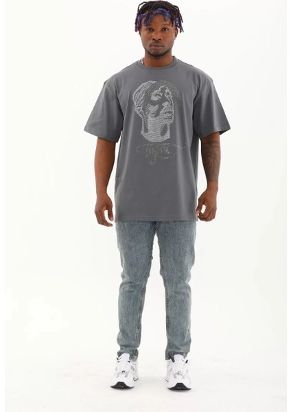 Unisex Oversize Taşlı Bisiklet Yaka T-Shirt - Füme indirimleri