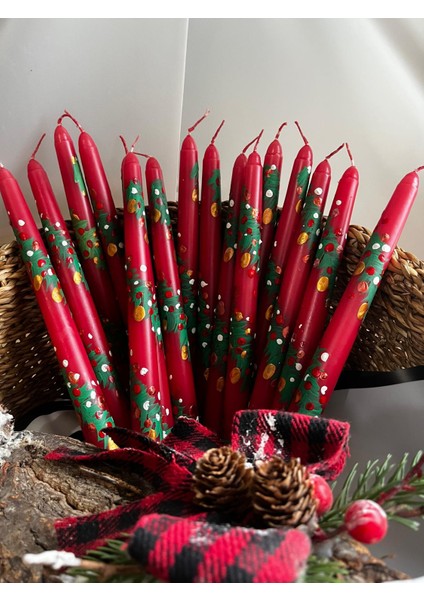 El Yapımı Kırmızı Dekoratif Şamdan Mumu – El Boyaması, Yılbaşı Temalı
