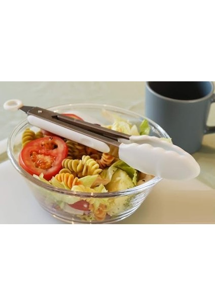 Beyaz Silikon Uçlu Mutfak Maşası - 23 Cm, Asma Kilit Sistemli Paslanmaz Çelik Sap, Kavrama, Mangal, Salata, Makarna, Barbekü, Kamp Için Uygun modelleri