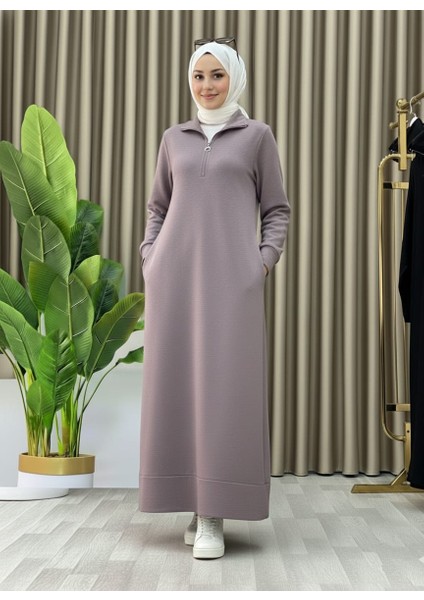 Fermuar Detaylı Cepli Spor Uzun Örme Tesettür Elbise